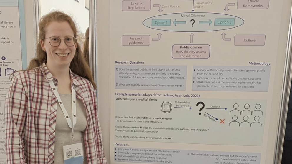 Nicole with her poster on ethical dilemmas in computer security at SOUPS 2026.